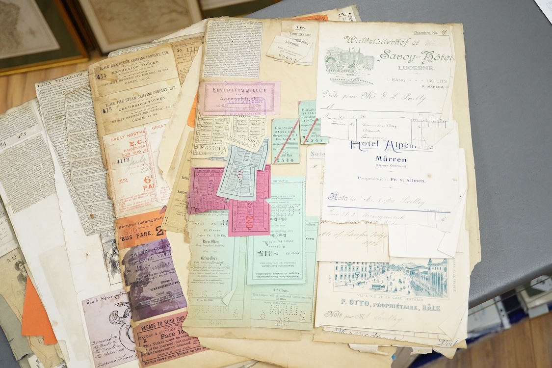 A collection of 19th century railway and shipping luggage labels, tickets, newspaper cuttings, etc. including; Clifton Suspension Bridge tickets, Exeter Tramways, Lyndon and Lynmouth Cliff Railway, the S.S. Alexandria ex